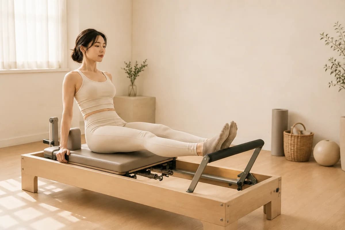 리포머 위에서 스트레칭하는 여성