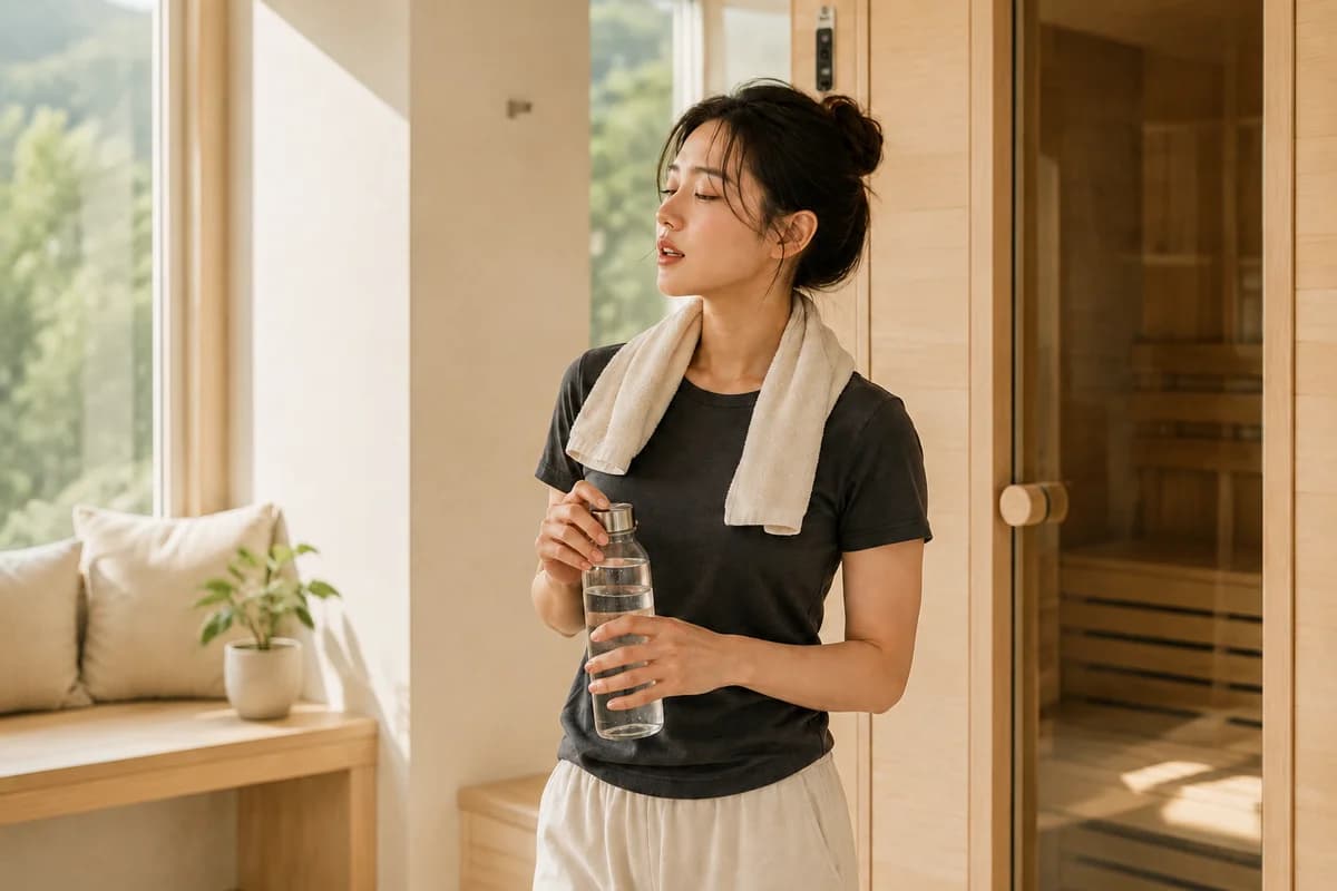 사우나 후 물병을 든 여성