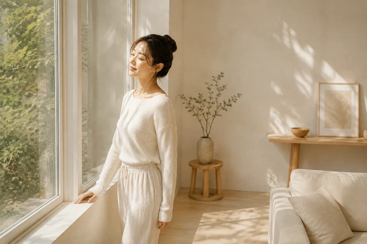 창가에서 햇빛을 쬐는 여성